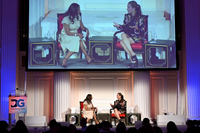 NEW YORK, NEW YORK - JUNE 05: (L-R) Monica Bertran and Cynthia Rowley speaks onstage during the Delivering Good 2024 Women of Impact Summit on June 05, 2024 in New York City. (Photo by Slaven Vlasic/Getty Images for Delivering Good)